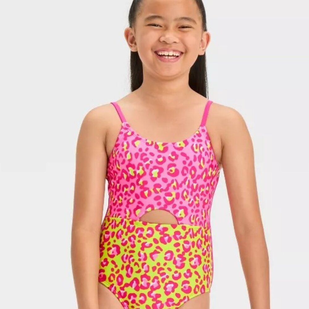 Cat & Jack Girls' Leopard Swimsuit Size M (8) Lisa Frank Inspired Print